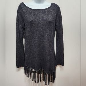 WHBM Sweater Small Black Metallic Fringe Asymmetrical Hem‎ Long Sleeves B424